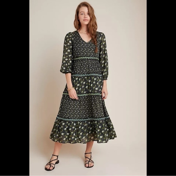 Anthropologie Karoline Tiered Maxi Dress Long Sleeve Ditsy Floral size 14 Boho - Picture 2 of 16